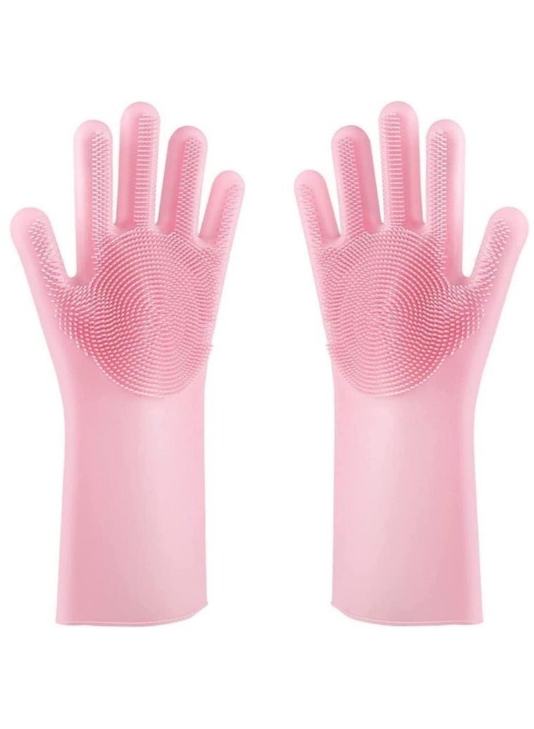 Reusable heat-resistant silicone brush gloves for cleaning and washing dishes, cars, and pet grooming - Reusable silicone dishwashing gloves, rubber cleaning gloves with elastic, waterproof cuffs for washing the kitchen, car, and pet grooming (multiple colors) - Image 1